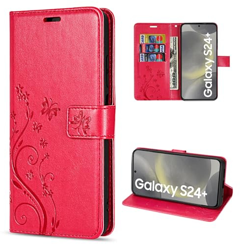 Hülle Kompatibel mit Samsung Galaxy S24+ | Premium PU Leder Handyhülle Wallet Case für Galaxy S24+ | Schutzhülle Blumen Klapphülle Handyhülle | Rot