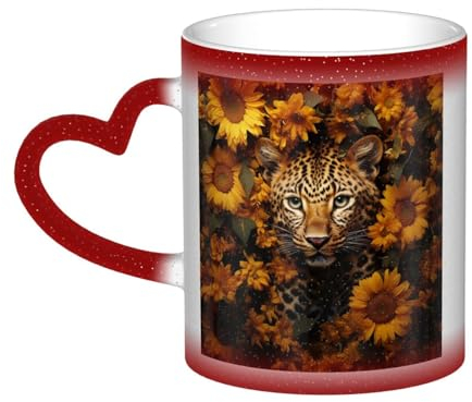 VducK Leopard and Sunflower Print Colour Changing Mug 11oz Personalised Magic Mug Tea Cup Ceramic Coffee Mug Heat Activated Colour Changing Mug