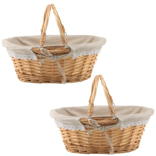 MUKCHAP 2 st 32 x 23 x 12 cm oval flätad picknickkorg, vävd pilkorg med vikbart handtagsfoder för picknick