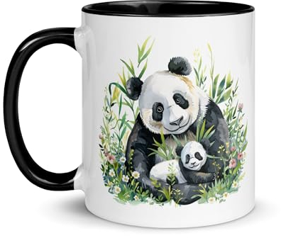 Chatcripant Mug Panda Peinture Aquarelle Tasse Animaux Nature Dessin Animé Mignon Bambou Cadeau Céramique Enfant Thé Café Anniversaire Maman Tête Drôle (Panda et son petit)