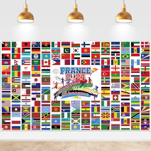 DPKOW Jeux de 2024 jo Drapeaux Bannière Décoration Bienvenue, Pays Drapeau Bannière Décoration Monde International Drapeaux pour France jo 2024 Décoration Toile Fond, 185 * 110cm
