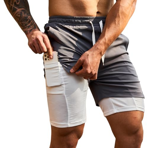 LBL Leading the Better Life Herren 2 in 1 Shorts Sommer Quick Dry Laufshorts Fitness Training Sport Shorts Grau/XL