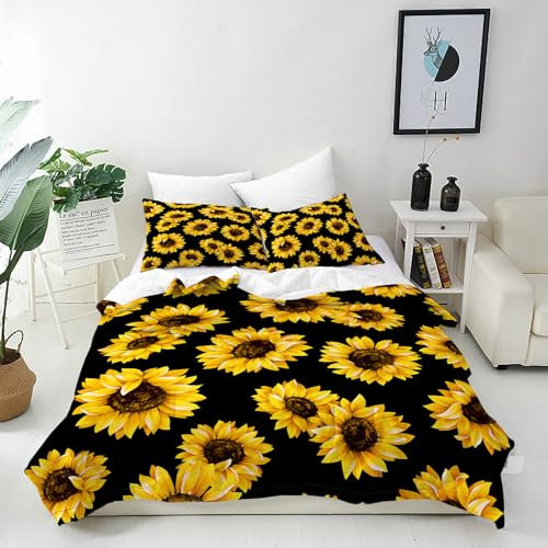 ANHOPE Gelb Sonnenblumen Blume Bettwäsche Set Microfaser Bettbezüge mit Reißverschluss 2 Teilig Bettbezug 135x200 cm + Kissenbezug 80x80 cm Weich Bettdeckenbezug Set für Kinder Mädchen