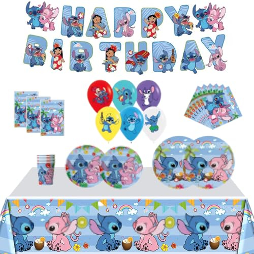 MORAINJAY Juego de 80 piezas de vajilla para fiesta de cumpleaños, decoración de fiesta de cumpleaños para niños, mantel, platos, tazas, servilletas, globo, pancarta, bolsas de regalo, recuerdo de