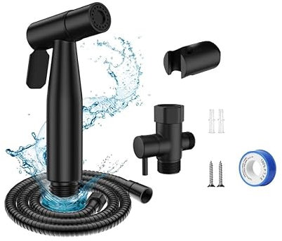 Bargain Set Black Bidet Sprayer Brass Metal 3-Way Diverter Valve Hose 1.2 m Stainless Steel Sprayer Kit Baby Sprayer Muslim Shattaf (Adapter-NOT on/Off, Sprayer, Hose, Holder-NOT Hook)