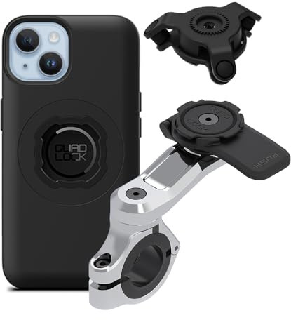 QUAD LOCK Lenker Handyhalterung PRO Chrom für Motorrad mit Vibrationsdämpfer und MAG Hülle für iPhone 14