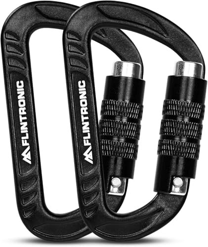 flintronic Karabiner mit Schraubverschluss, 2PCS 12KN Karabinerhaken Schraubverschluss, Karabiner mit 1200kg Belastbarkeit Schwerlast, für Hängematten, Camping, Wandern, Rucksack (Schwarz)