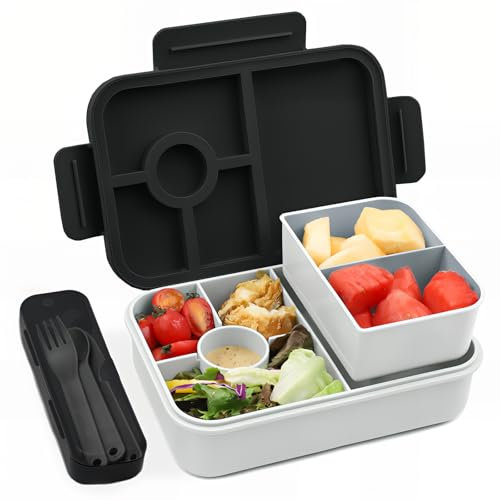 Bugucat Brotdose Kinder mit Fächern 1300ML,Lunchbox Kinder Auslaufsicher mit 5 Fächern,Bento Box Lunchbox mit Fächern für Erwachsene,Vesperdose Frühstücksbox für Mädchen & Jungen Schwarz