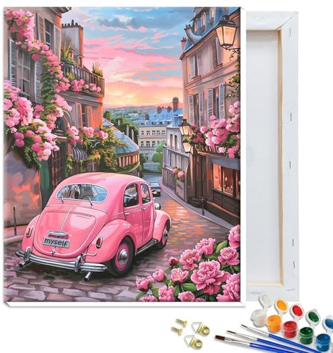 JATOK Paint by Numbers for Adults with Frame, Painting Kits for Beginners On Colored Canvas, Easy DIY Acrylic Pigment Drawing Paintwork for Home Wall Decor 12x16in,Car