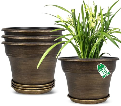 Juego de 4 macetas de plástico de 10 pulgadas para plantas de interior con agujeros de drenaje y bandejas, juego de contenedores decorativos de resina con platillo para casa, macetas de jardín al aire