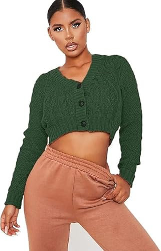 Zarviczonia Women's Long Sleeve 3-Button Chunky Cable Knit Cropped Cardigan - Stylish & Warm Grandad Bolero Sweater for Casual & Party Wear, Sizes 8-14 Bottle Green