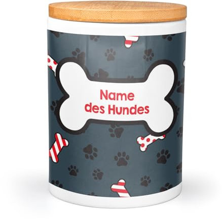 PICANOVA Personalisierte Leckerlidose aus Keramik mit Namen - Hunde Geschenke - Große Hundeleckerli Box für Hunde- & Katzenbesitzer - Weihnachtliche Küchendeko - Candy Bones Design