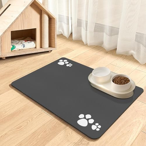 Pet Feeding Mat-Absorbent Pet Placemat for Food and Water Bowl, No Stains Quick Dry Dog Cat Food bowl Mat with Waterproof Rubber Rubber Backing (Dark Grey-4 Paws, 30 x 50 cm)