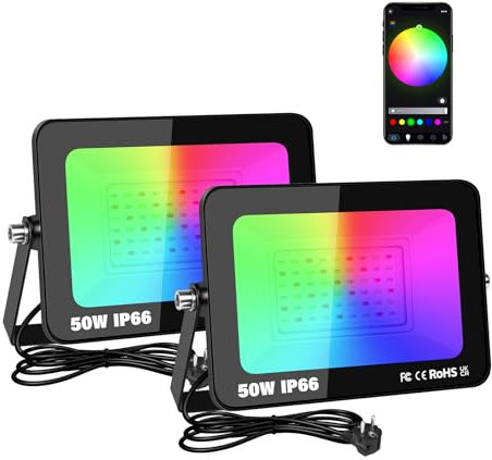 RIGIDON 2X 50W RGB Projecteur LED Extérieurs App Télécommande, 5000LM Exterieur & Interieur couleur RGBW Lumière de Projecteur, Minuteur Neon Spot Led Pour Jadin, Terrasse, Patio, IP66 étanche
