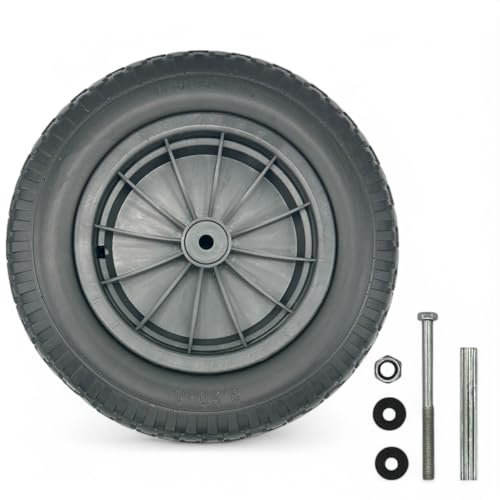 MxMan 14 Solid PU Wheelbarrow Tyre 3.50-8 - Wheelbarrow Wheel Replacement, Heavy Duty Puncture Proof Tyre for Sack Trolley With 120mm Bolt, 100mm Sleeve & Nut and 1/2 Bore Spacer
