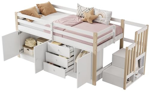 Hochbett 90×200 Einzelbett, weiß Multifunktions Holz Bett, mit Treppe, mit Schubladen, mit 2 Stauschränken und Wäschestange,ohne Matratze