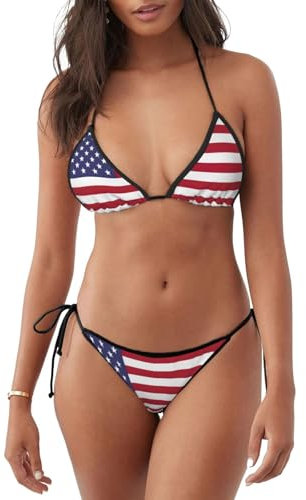 TTYDOKLA Ensemble bikini élégant imprimé drapeau américain pour femme, parfait pour la plage et la piscine, plusieurs, Noir , S