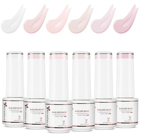 Nicedeco Builder Nail Gel Polish 6pcs, Long Lasting Soak Off U V Led Nail Base Colors Nude Pink Hard Strengthener Rubber Gel Extension Kit 49