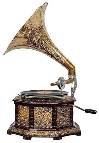 Réplique de gramophone décorative vintage (bois et laiton, 78 tr/min, disque de démonstration inclus)