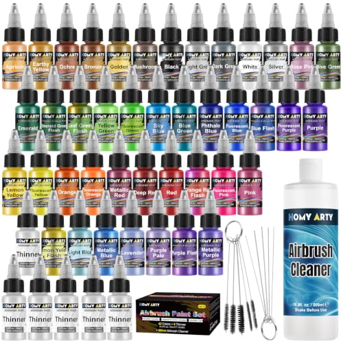 HOMY ARTY Airbrush Farbe - 42 Farben mit 6 Verdünner & 500 ml Reiniger Set | Sprühfertig Airbrush Farben, Airbrush Lack für Metall, Kunststoffmodelle, Holz, Leinwand, 20 ml/Flasche, mit Pinsel