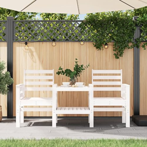 IBUQDDV Gartenbank mit Tisch 2-Sitzer Weiß aus Massivholz Kiefer, Outdoor Sitzbank mit integriertem Tisch und Ablage, robuste Gartenmöbel für Terrasse, bequem mit Armlehnen