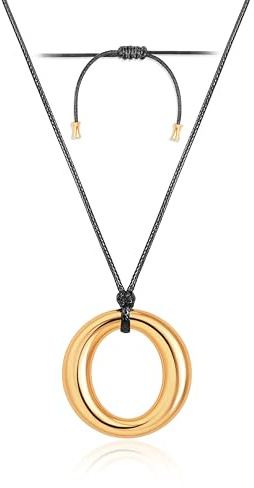 KOOUNUATA Y Shaped Long Necklaces for Women Large 18K Gold Plated Large Puffy Circle Pendant Choker Adjustable Black String Cord Necklace Boho Handmade Jewelry