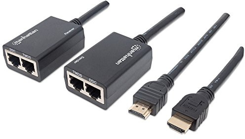 Manhattan HDMI Cat5e/Cat6 Extender (Verlängert das 1080p-Signal auf bis zu 30 m, integrierte HDMI-Kabel, kein Netzteil benötigt) schwarz 207386