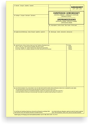 100 x Durchschrift zum Ursprungszeugnis 1-teilig, Einzelblatt/gelbe Kopie für Laser- und Inkjetdrucker (DIN A4)