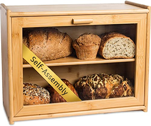 Laura's Green Kitchen Bambus Brotkasten für Küchentheke - Doppelschicht Brotaufbewahrung mit klaren Fenstern - Rustikaler Bauernhausstil Brotkasten - Normale Brotbox (Selbstmontage)