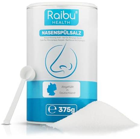 Sal para enjuague nasal Raibu para ducha nasal, 150 porciones - 375 g en lata XXL sostenible que incluye cuchara dosificadora - Sal nasal vegana fabricada en Europa - Sal para enjuague nasal