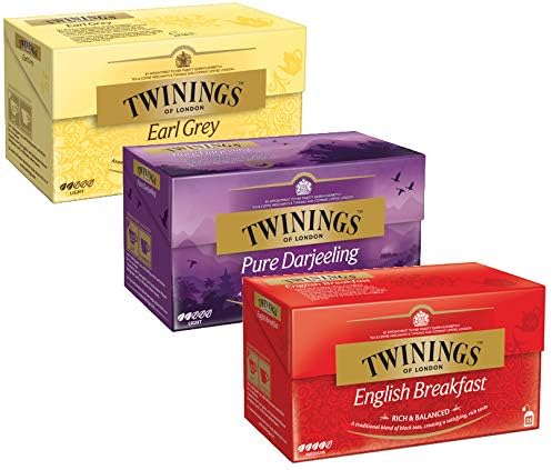 Twinings paquete de 3 Earl Grey, Pure Darjeeling, desayuno inglés, 25 bolsas cada una, (3x50g)