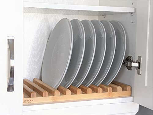 Stock N Wares Bamboo Dish Rack, Regular(0.8 Holder Width 10 Slots), Stylish Low Profile Plate Stand, Dish Drying Rack, Cabinet Plate Stand, 15.56 Lx10 Wx1.38 H (39.53cmx25.40cmx3.49cm)