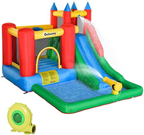 Outsunny Hüpfburg mit Gebläse Rutsche Wasserrutsche aufblasbar für 4 Kinder Wasserhüpfburg Garten XXL Springburg für 3-8 Jahre Kinder Oxford-, Polyester-Gewebe Mehrfarbig 330 x 245 x 215 cm