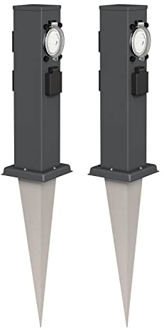 ledscom.de 2 Stück Garten-Steckdosen-Säule Polly mit Erdspieß für außen, IP44, 3-Fach mit Timer/Zeitschaltuhr, anthrazit, eckig, 38cm