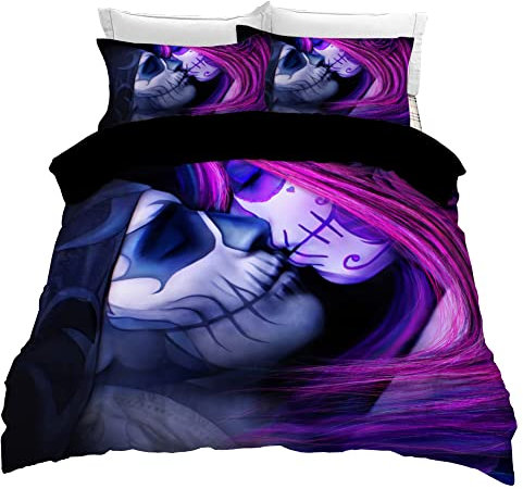 Tomifine Gothic Skull Bettwäsche-Set 200x200 cm 80x80 cm, 3-teilig, Mikrofaser, Reißverschluss, 2 Kissenbezüge, 3 Stück