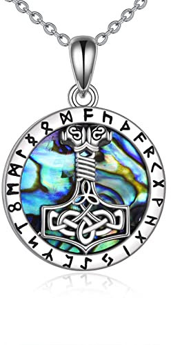 YAFEINI Mjolnir Necklace Sterling Silver Abalone Shell Viking Jewelry Nordic Thor's Hammer Amulet Pendant Celtic Pagan Norse Jewelry of Talisman for Women Men