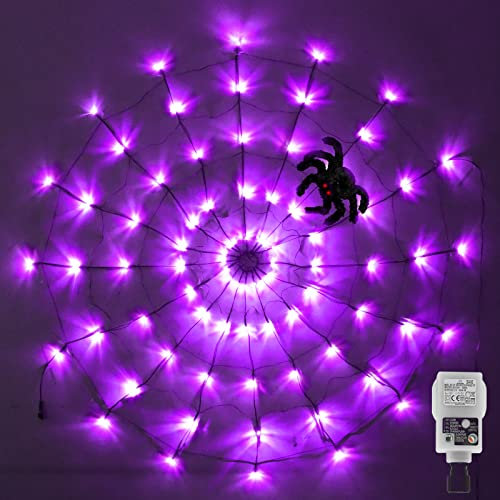 CORST Halloween Dekorationen Spinnennetz Lichter, 3.9FT 80LED Lichternetz mit Stecker 8Modi schwarzer Spinnen Fenster Dekoration für gruselige Halloween Spooky Nacht (lila)
