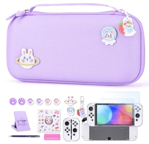 Switch OLED Zubehör Paket - 18 in 1 Bundle mit Hülle, Switch Spielehülle, OLED Bildschirmschutz, Ständer, Daumengriffe (Lila)