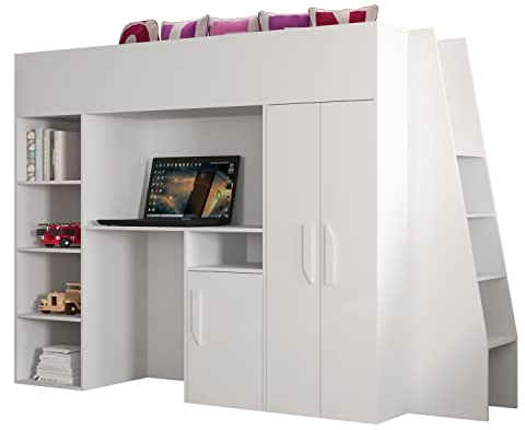 MEBLE KRYSPOL Party 15 Hochbett für Kinder, Jugendliche mit Stauraum - Etagenbett mit Schreibtisch, Kleiderschrank, Bücherregal und Trittleitern - 230x95x165 cm - Weiß, Weiß, Weiß