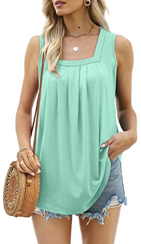 Aokosor Womens Tops Summer Vests Ladies Square Neck Sleeveless Pleated Tank Top Lake Green Size 18-20