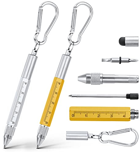 Vicloon Cadeau Homme, Stylo Multifonction 6 en 1, 2pcs Stylo à Bille Multifonction avec Boucle Ronde, Cadeaus Gadgets Insolite Utile pour Homme/Femme, Cadeau de Noël Original Rigolo (Jaune+Argent)