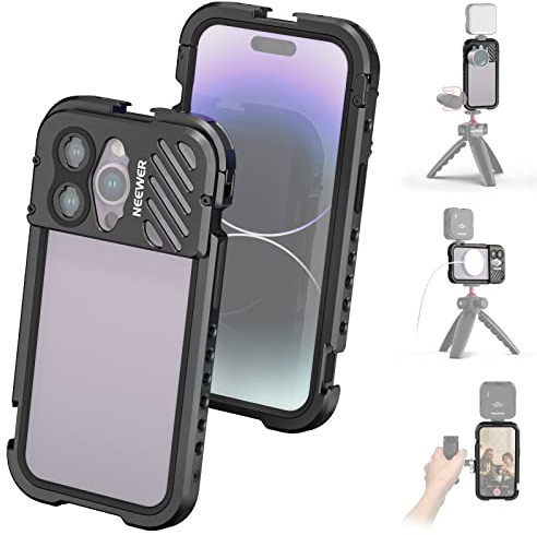 NEEWER Video Rig Cage for iPhone 14 Pro with Cold Shoes, 1/4 Tripod Mount, Aluminum Smartphone Video Rig Mobile Phone Stabilizer Compatible with Moment Lens Mount for Videography/Vlog, PA006