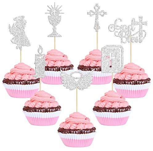 Gyufise 28Pcs God Bless Cupcake Toppers Silver Glitter Girls Baptism Cupcake Toppers Angel Chalice Bible Cross Cake Decorations Christian Baptism Theme Baby Shower Party Cake Decor Supplies