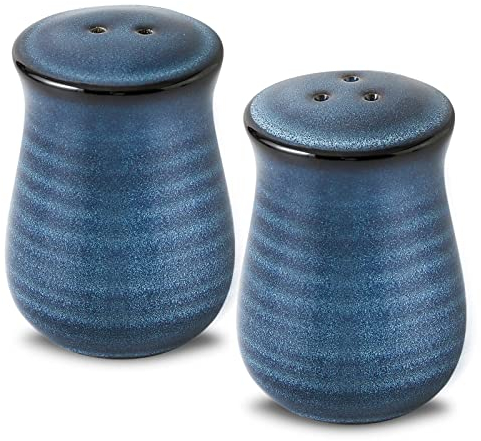 Tikooere Farmhouse Ceramic Salt and Pepper Shakers Set, Blue Vintage Rustic Salt Shakers of 2 for Kitchen and Restaurant Decor, Porcelain Spice Shaker for Compact Cooking,Travel, BBQ