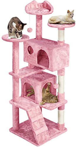 Yaheetech Árbol Rascador para Gatos de 158 cm con Plataforma Torre Escalador para 1-3 Gatos Medianos con Bolas 49x49x158 cm Gris Oscuro Rosa