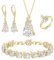 Clearine Teardrop Zirkonia Schmuck-Set für Outfit Halskette, Leverback Ohrringe Tennis Armband und einstellbare Ring Set Geschenk für Geburtstag/Valentinstag/Weihnachten Klar Gold-Ton