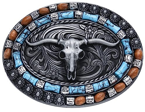 MUSVIKY Lange Horn Bull Gürtelschnalle für Damen Herren, Western Cowboy Texas Rodeo Gürtelschnalle Golden Texas Antik Gürtelschnallen, A1-Langhorn-Silber, Medium