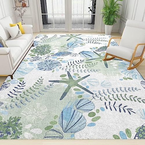 TEMLAN Nautischer Küstenozean Teppiche Gegend, Grünes Strandthema Schlafzimmer Kurzflor für Wohnzimmer, Schlafzimmer, Esszimmer Badezimmer Küche Flur Läufer 140 x 200cm