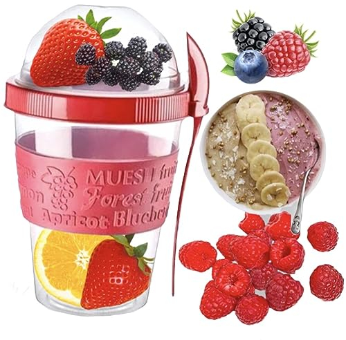 4All Reusable Yogurt Cup 600ml With Spoon Cereal Storage Containers With Lid Airtight Overnight Oats Jar BPA Free Breakfast Cup Cereal On The Go Dishwasher Safe (Red)