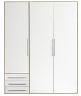 Stella Trading LYSS Kleiderschrank weiß mit Schubladen - Vielseitiger Schlafzimmerschrank 3-türig in Weiß, Eiche San Remo Nachbildung - 155x 194 x 58 cm (B/H/T)